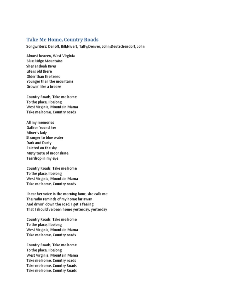 Take Me Home, Country Roads | PDF for Free Printable Country Music Lyrics