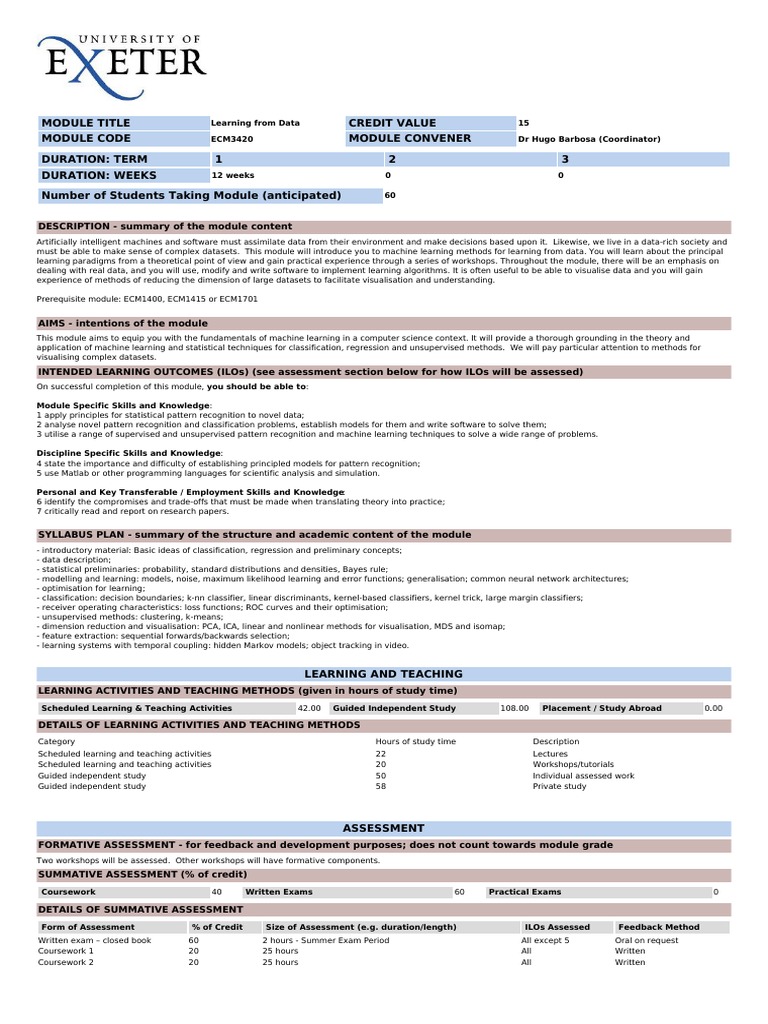 Module ecm3420 2020 learning from data pdf machine learning