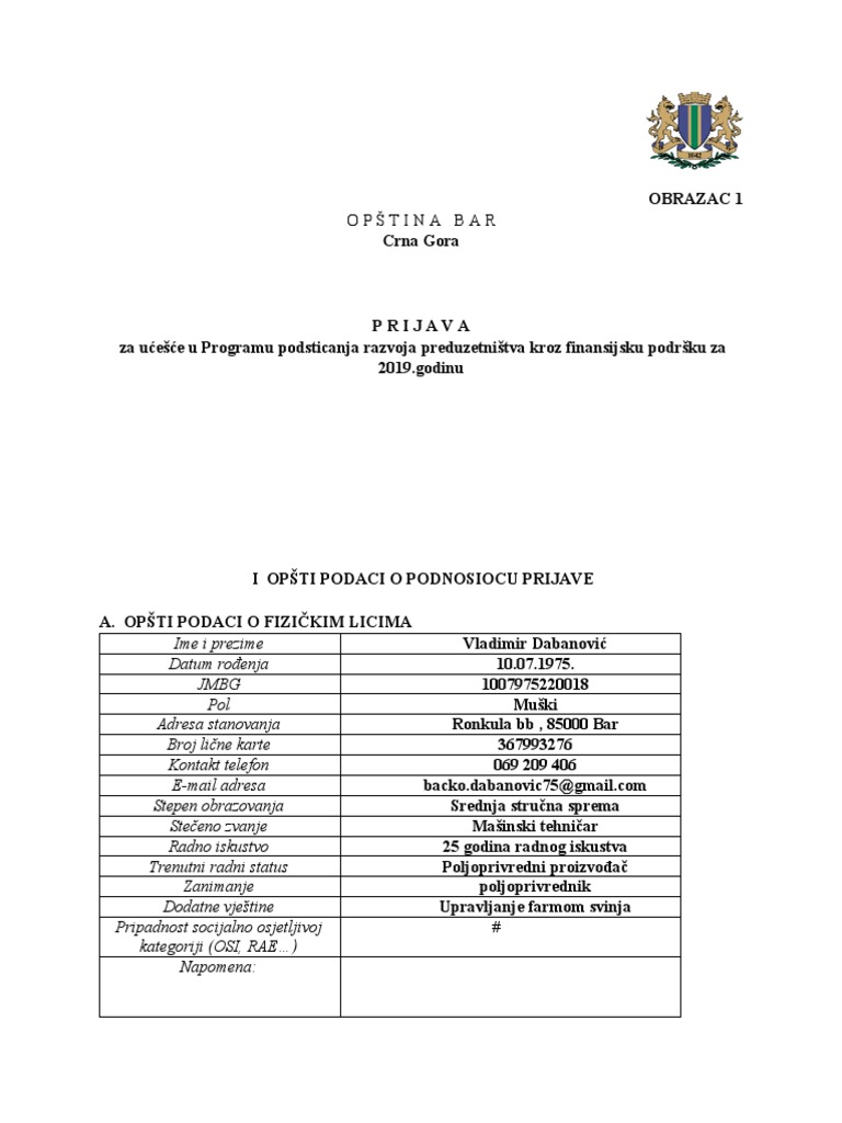 Obrazac-1-Prijava-za-učešće-u-ProgramuPreduzetnistvo Vladimir Dabanovic ...
