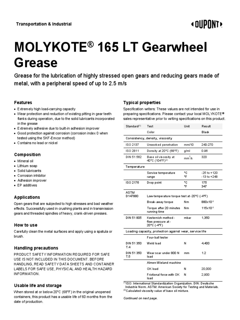 MOLYKOTE 165 LT Gearwheel Grease 710179D01 Download Free PDF