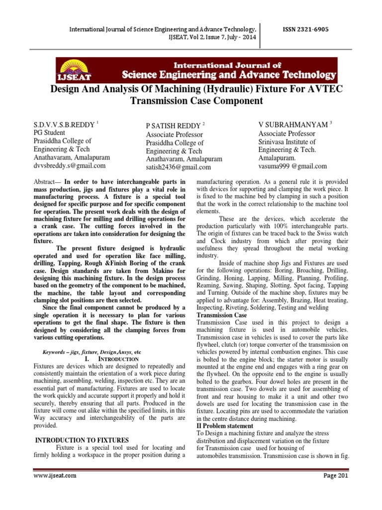 Design and Analysis of Machining (Hydraulic) Fixture For AVTEC