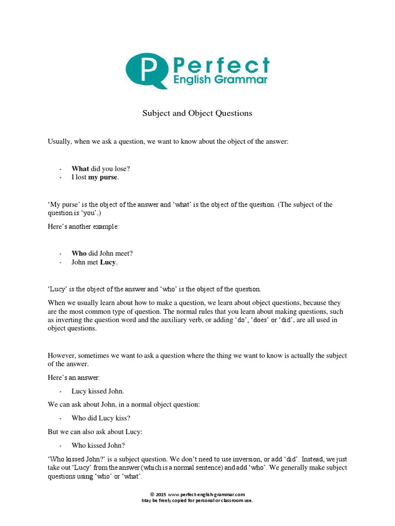 Subject and Object Questions Explanation PDF | PDF