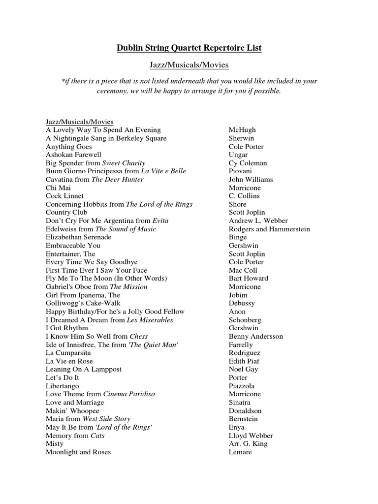 Dublin String Quartet Repertoire List Jazz/Musicals/Movies PDF