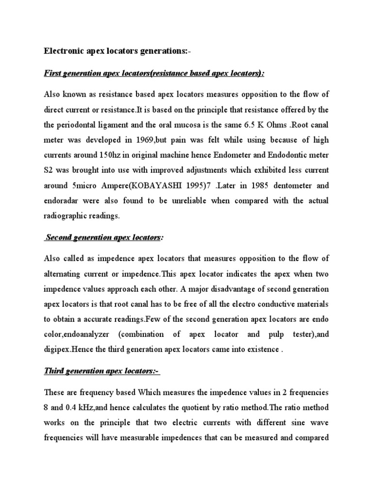Electronic Apex Locators Generations First Generation Apex Locators