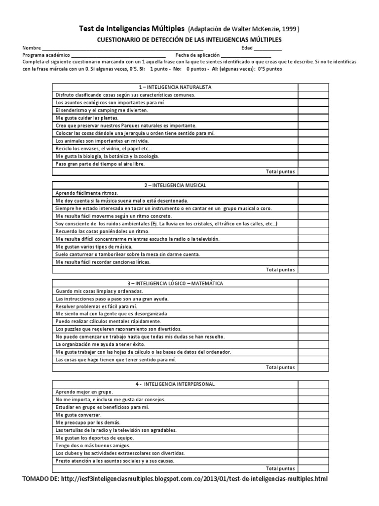 Test Inteligencias Multiples PDF | PDF | Inteligencia | Ritmo