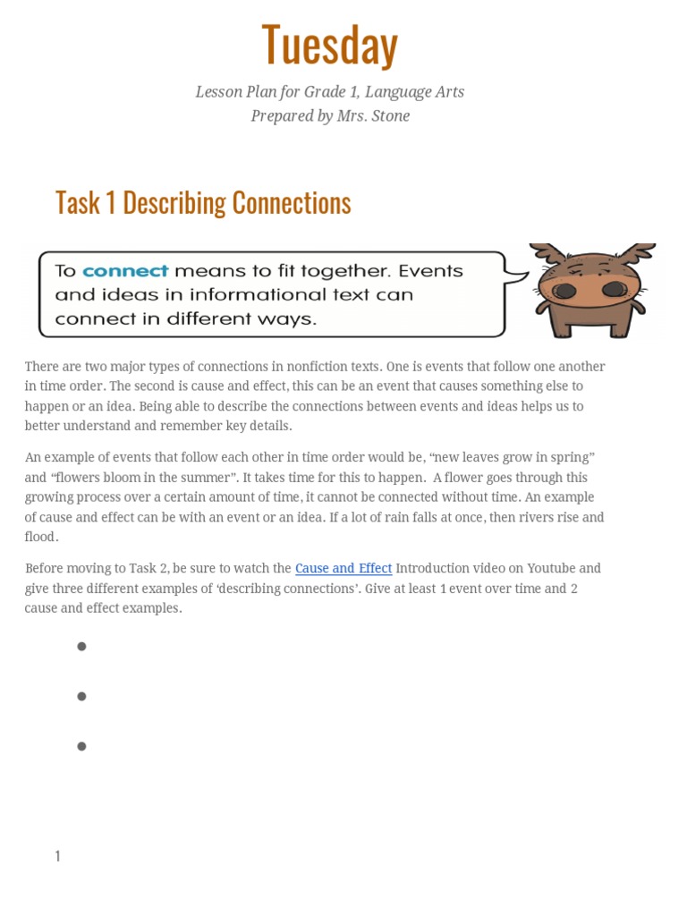 Task 1 Describing Connections Lesson Plan For Grade 1, Language Arts