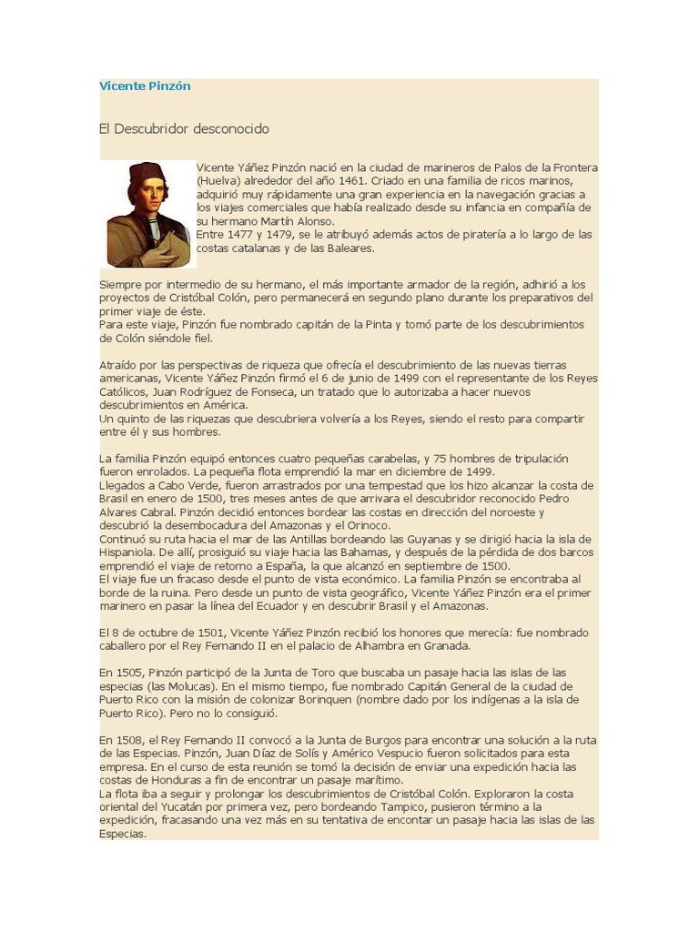 Vicente Pinzón | PDF | Cristobal colon | Colonización europea de las ...