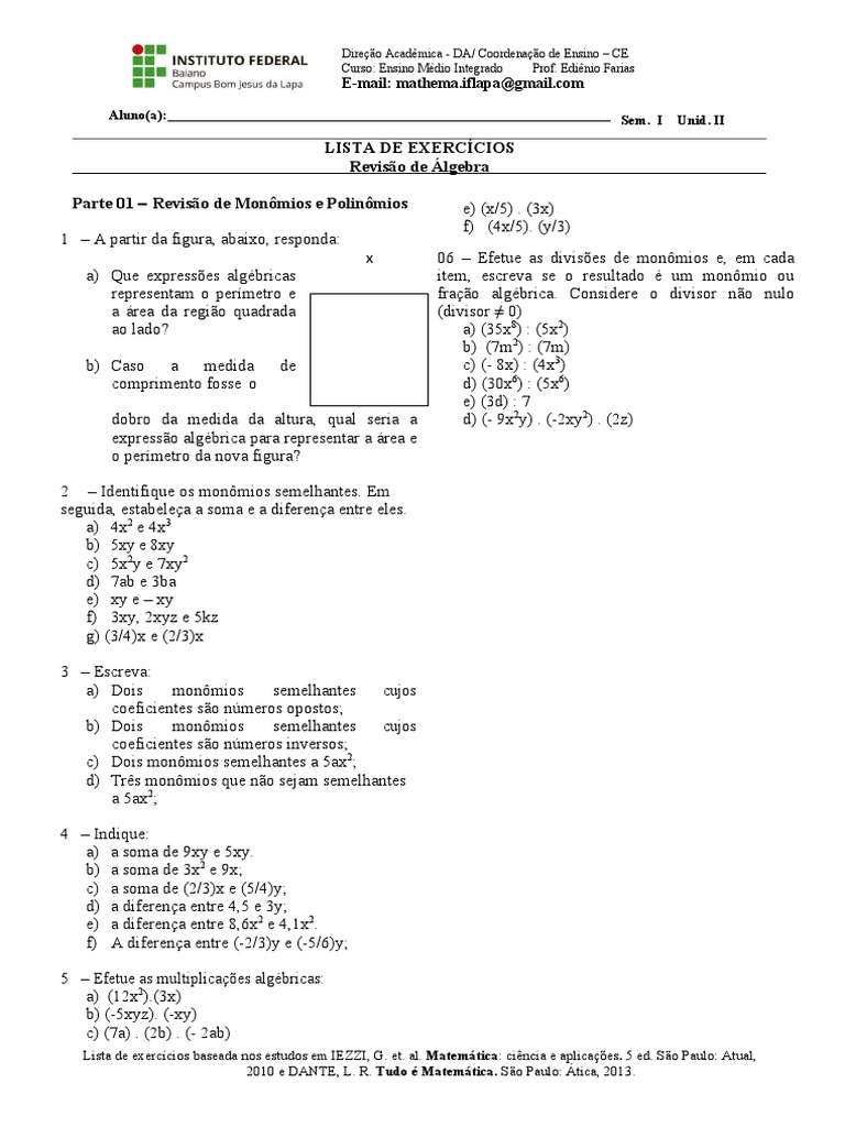 Lista de Exercícios - Polinômios | PDF | Objetos matemáticos | Ensino ...