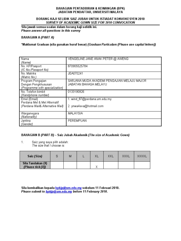 Borang Kaji Selidik Saiz Jubah Pdf