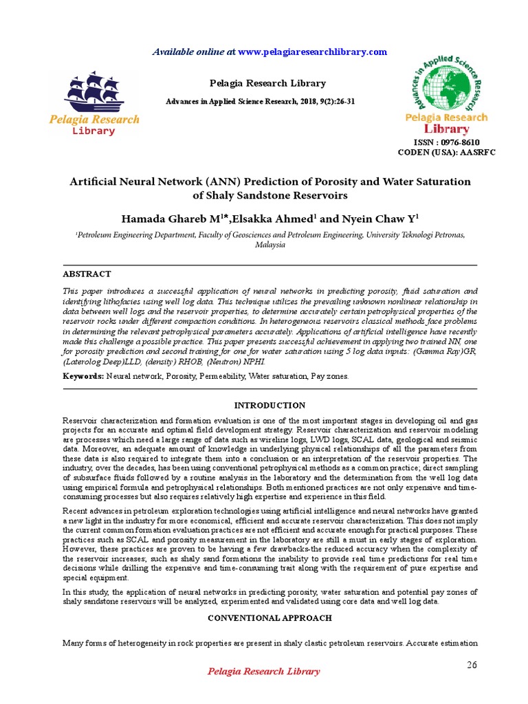 Artificial Neural Network Ann Prediction of Porosity and Water ...