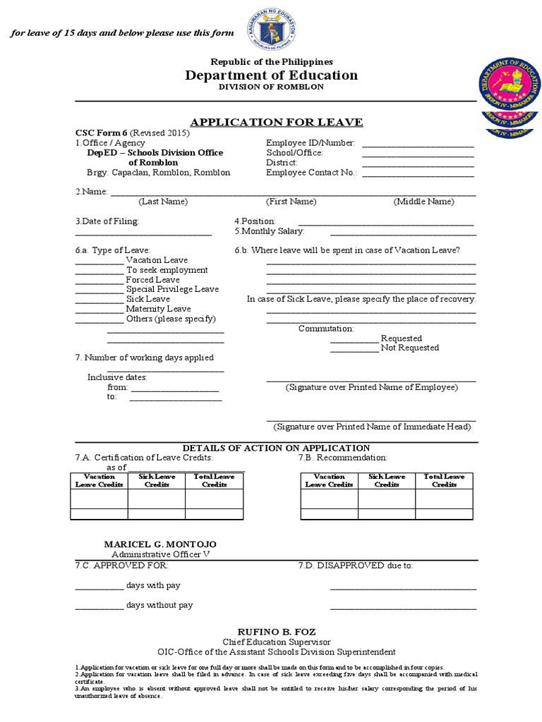 DepEd Leave Application Form | PDF | Sick Leave | Employee Relations