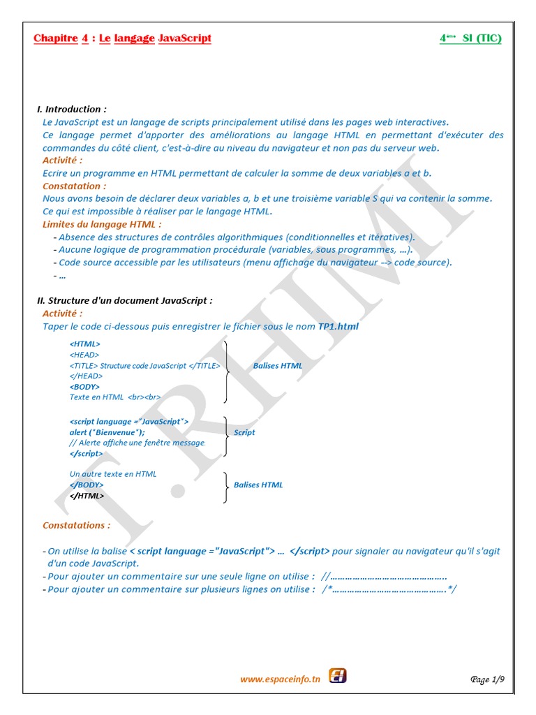 Introduction au langage JavaScript | PDF | JavaScript | Html