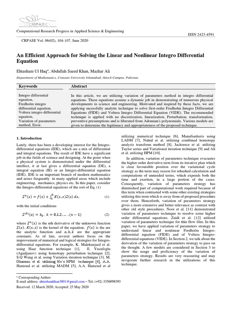 An Efficient Approach For Solving The Linear and Nonlinear Integro ...