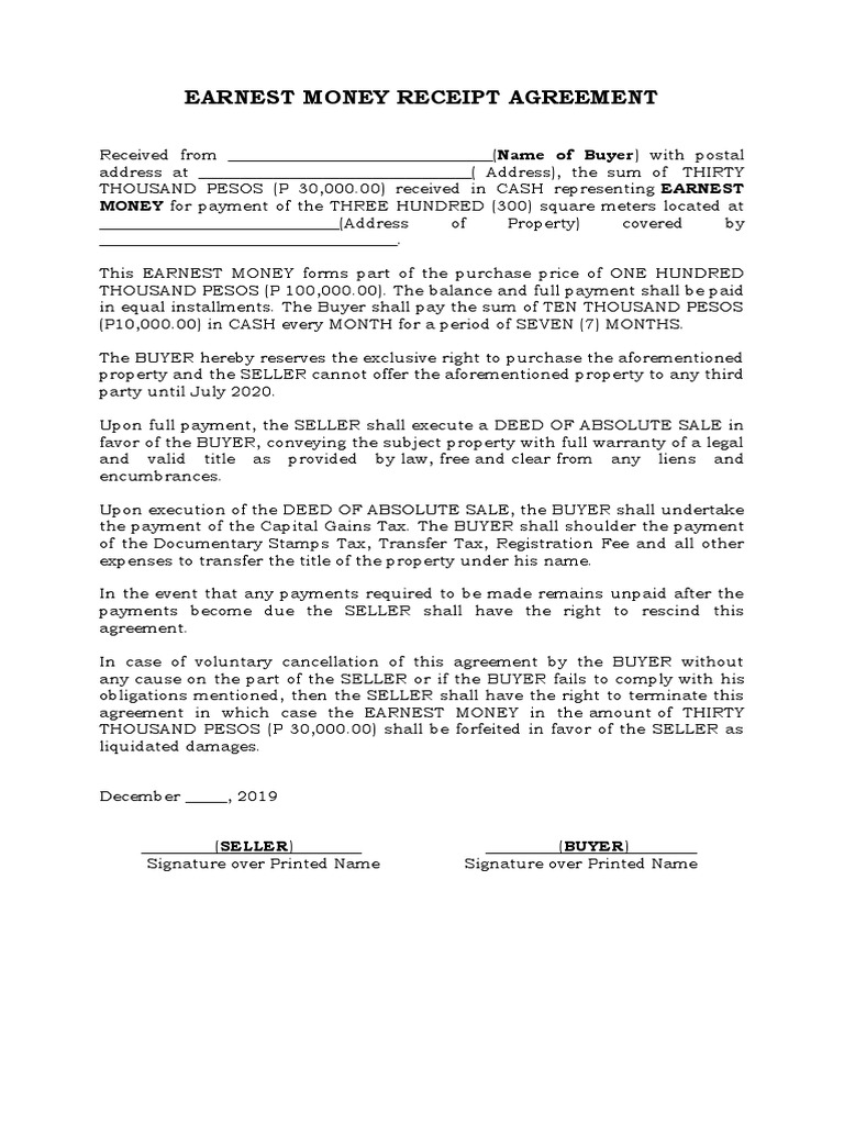 Earnest Money Receipt Agreement | PDF | Finance & Money Management