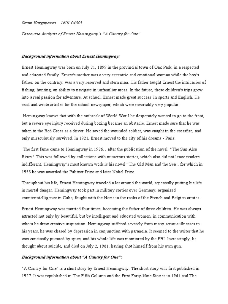 A Canary For One Da Ernest Hemingway Grammar