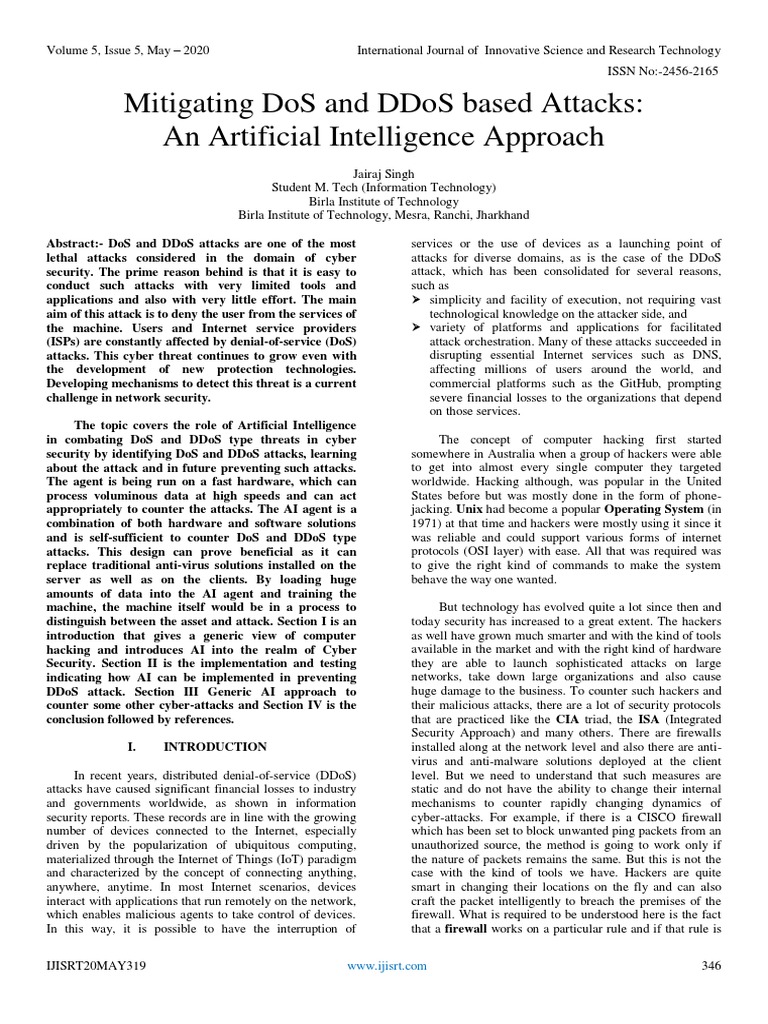 AI Solutions for DoS and DDoS Attacks | PDF | Denial Of Service Attack ...