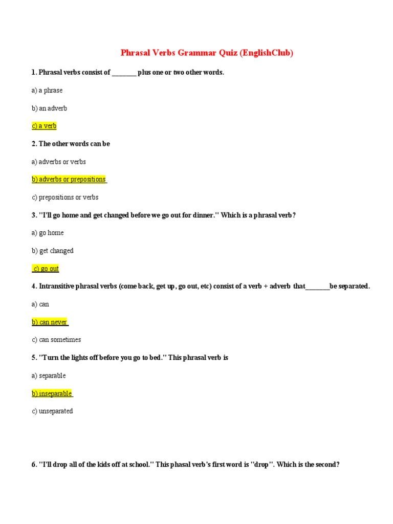 Phrasal Verbs Grammar Quiz | PDF