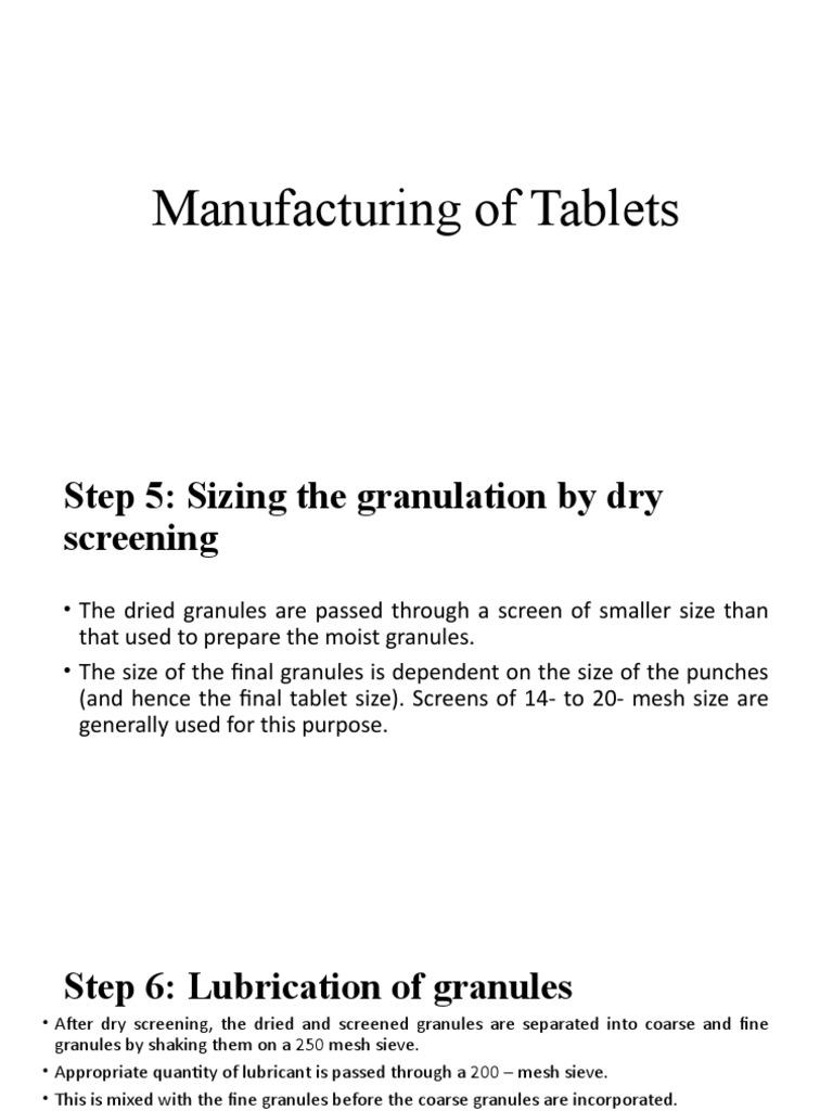 Manufacturing of Tablets-PART-II | PDF | Tablet (Pharmacy) | Chemistry