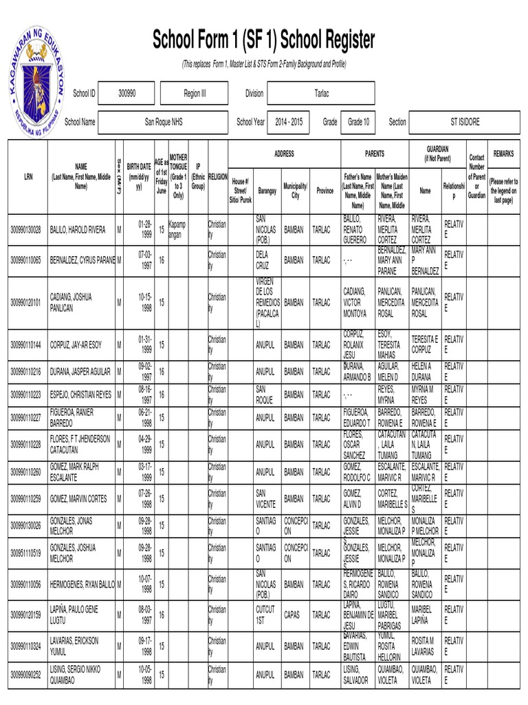 Grade 10 School Register 2014-2015 | PDF