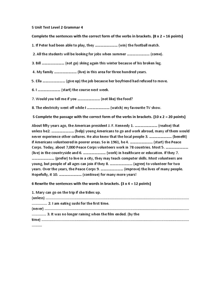 5 Unit Test Level 2 Grammar 4 | PDF | Games & Activities | Language ...