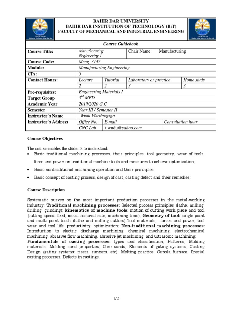 Manufacturing Engineering I Course Guide | PDF | Casting (Metalworking ...