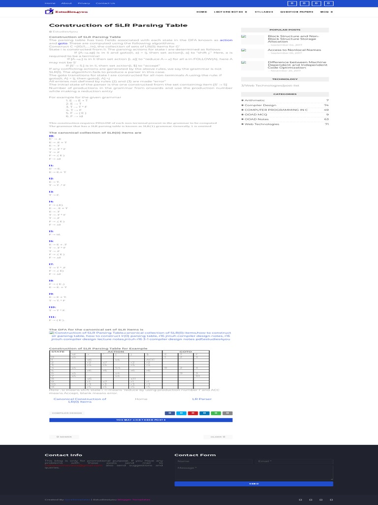 Construction of SLR Parsing Table | PDF | Parsing | Implementation