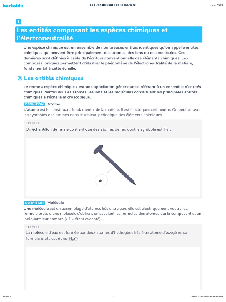 Espece Chimique Simple Electriquement Neutre Constituant La Matiere Les Constituants de La Matiere | PDF | Ion | Noyau atomique