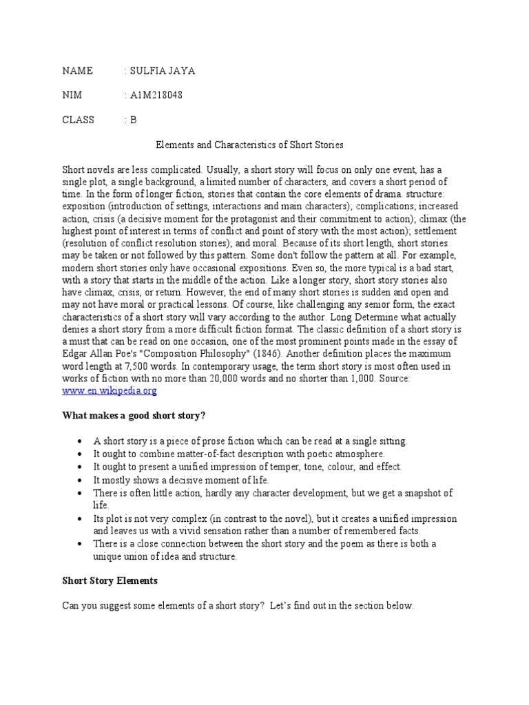 Elements and Characteristics of Short Stories PDF Plot (Narrative) Narration