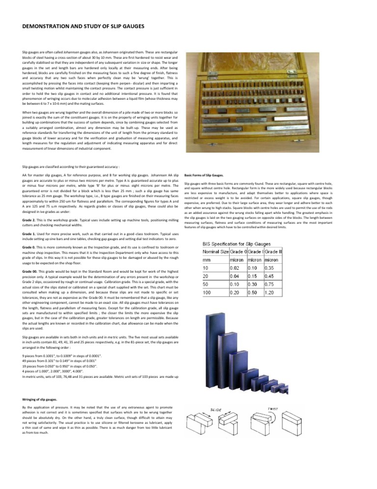 Demonstration and Study of Slip Gauges Engineering Tolerance