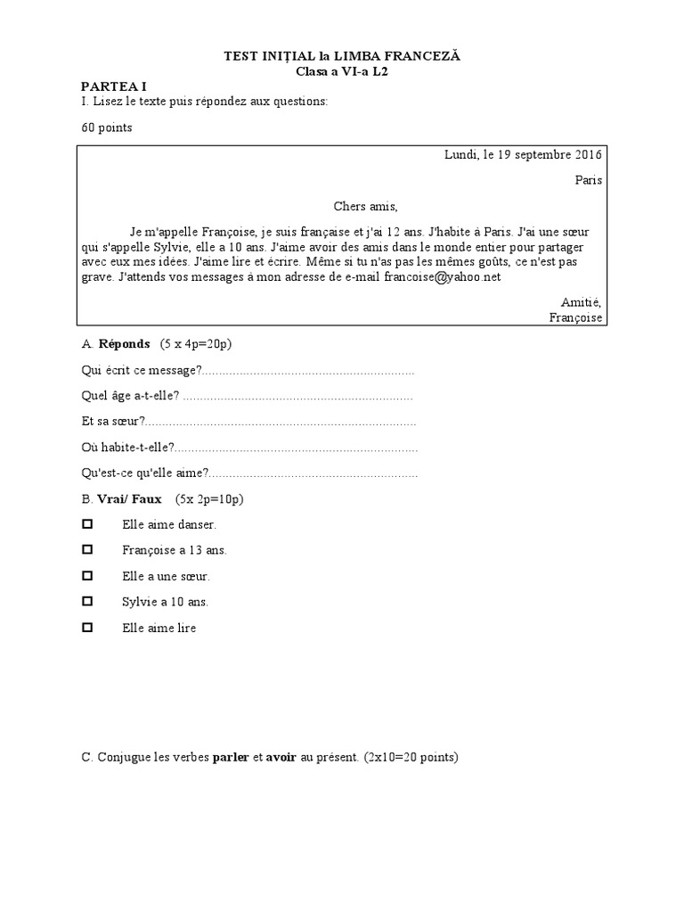 Test Initial de Franceză Clasa 6 | PDF | Sémiotique