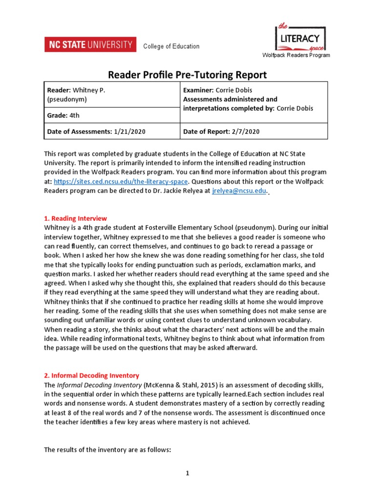 Reader Profile Initial Report - C | PDF | Reading Comprehension | Fluency
