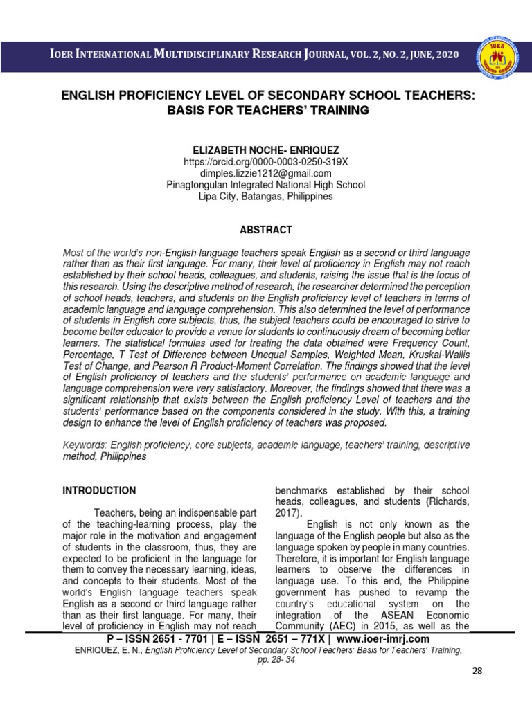 English Proficiency Level of Secondary School Teachers Basis For ...