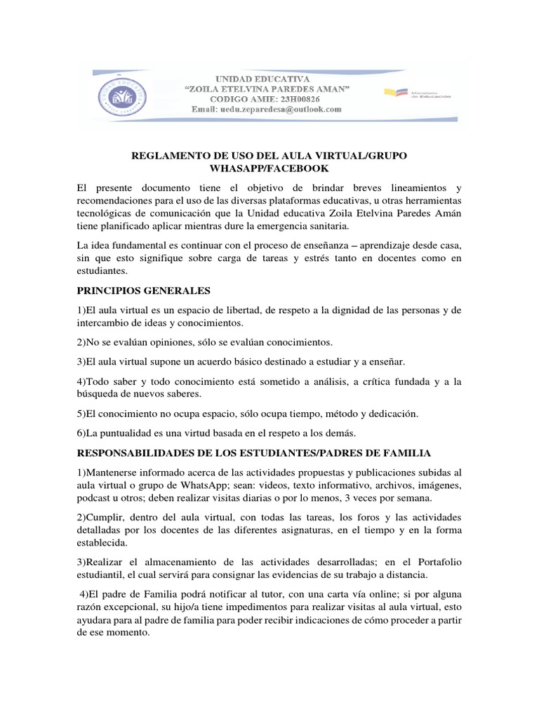 Reglamento de Uso Del Aula Virtual | Descargar gratis PDF | Salón de ...