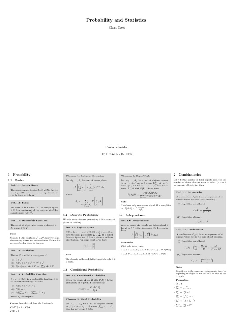 Probability and Statistics: Cheat Sheet | PDF | Expected Value | Variance