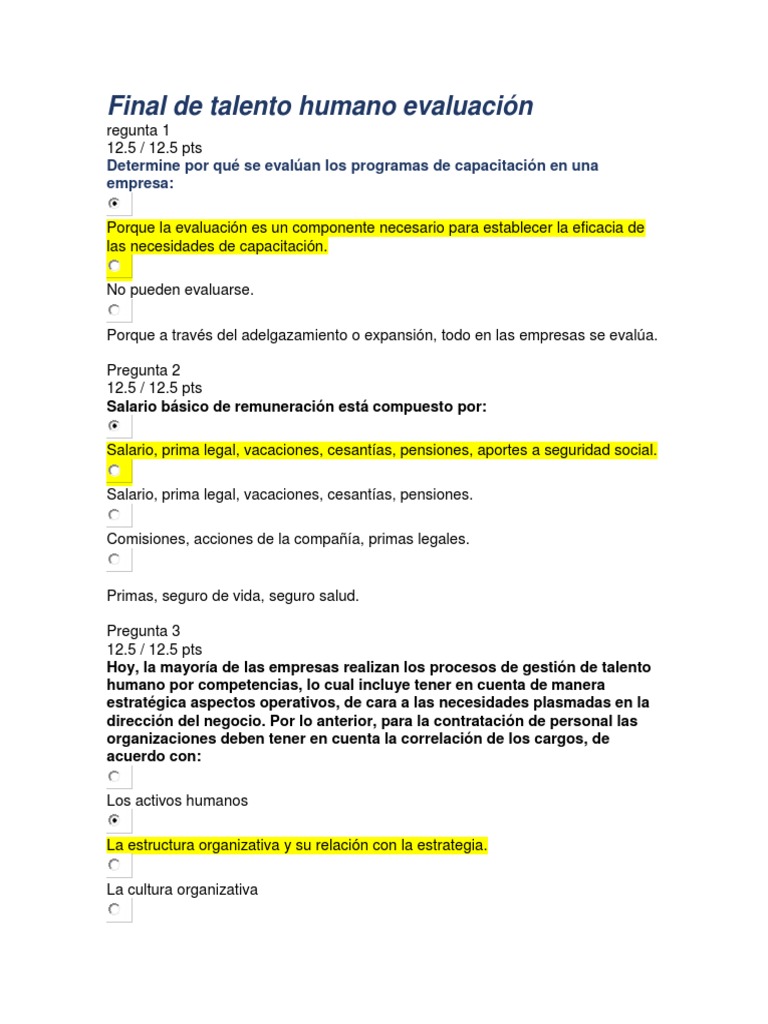 Evaluacion Final Talento Humano PDF | PDF | Evaluación | Salario
