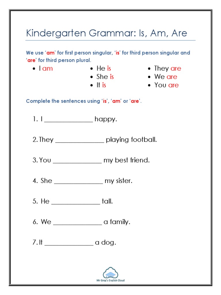 Kindergarten Grammar Is Am Are PDF | PDF