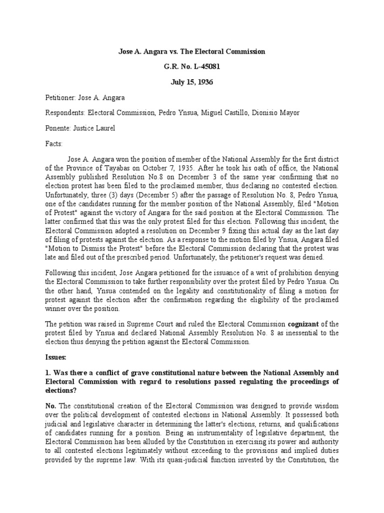 Angara vs. Electoral Commission Ruling | PDF | Separation Of Powers ...