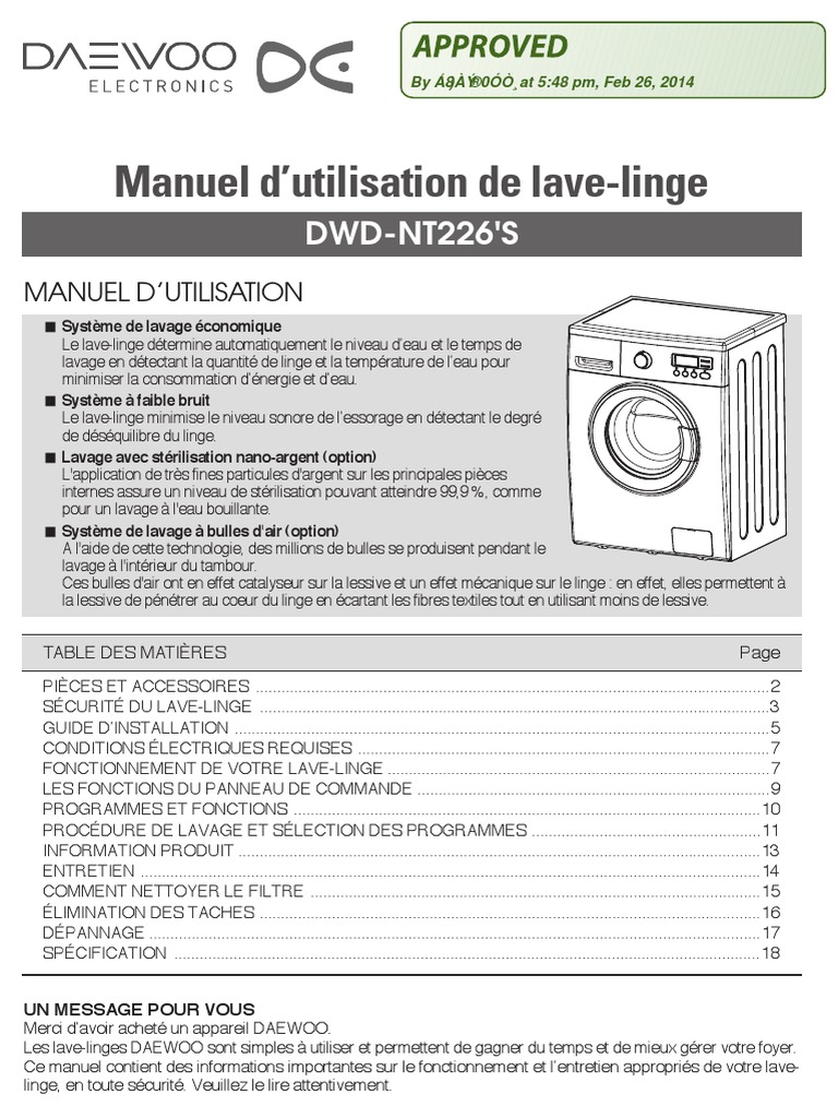 Manuel d'utilisation Lavelinge Daewoo PDF Machine à laver Biens — free download