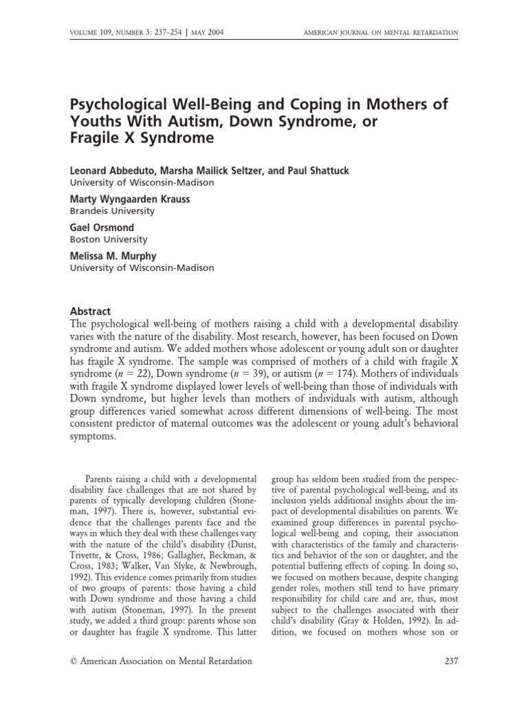 Maternal Well-Being: Fragile X vs. Down Syndrome | PDF | Autism ...