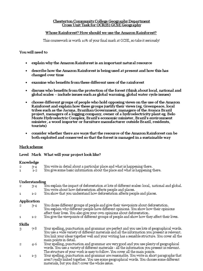 Cross Unit Task Instruction Sheet PDF Amazon Rainforest Rainforest