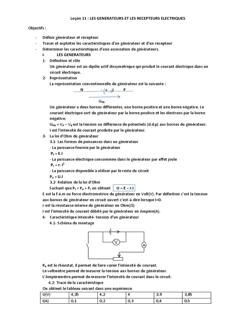 Comment Trouver La Puissance D un Générateur Schémas Electrique Générateurs Et Récepteurs | PDF | Tension électrique | Générateur électrique
