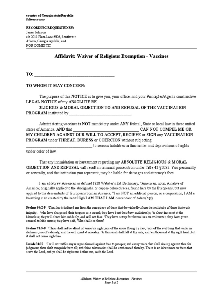 Affidavit: Waiver of Religious Exemption - Vaccines | PDF 