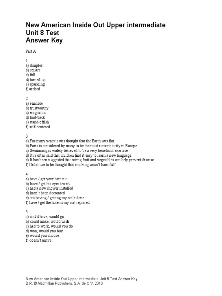 New American Inside Out Upper Intermediate Unit 8 Test Answer Key | PDF