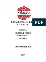 Restaurante A La Tabla NIT: 30.002.343-1 Nomina Seguridad Social Provisiones Propinas