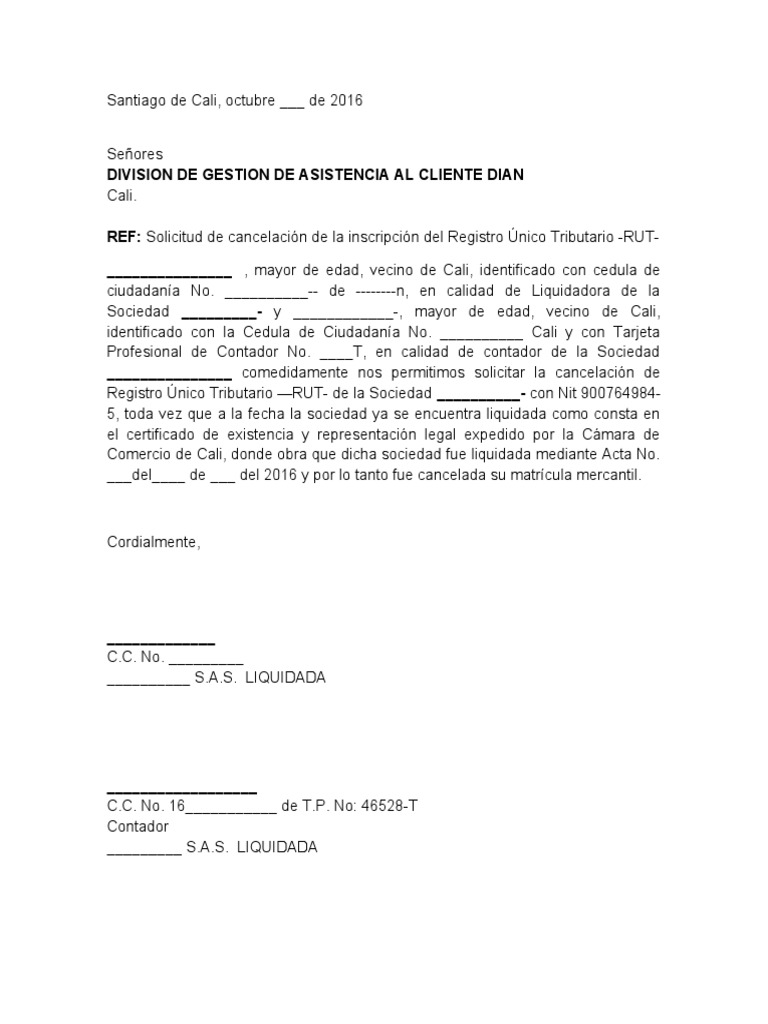 Carta Solicitud Cancelacion Rut Dian | PDF