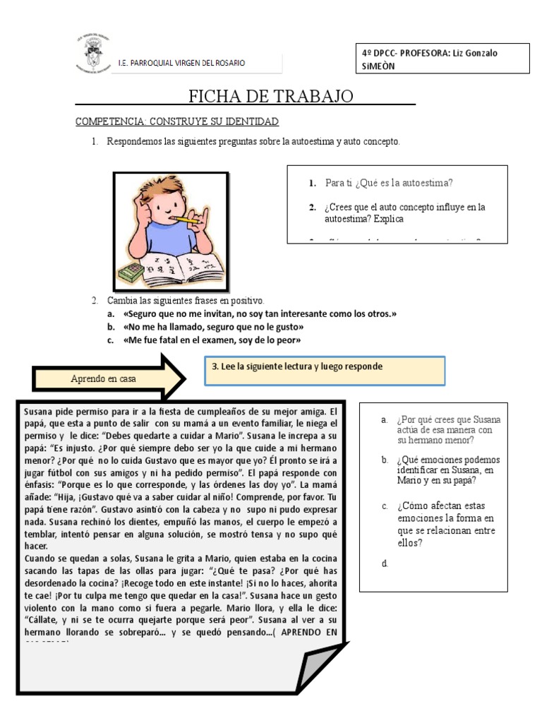 Ficha de Trabajo sobre Autoestima Adolescente | PDF | Autoestima