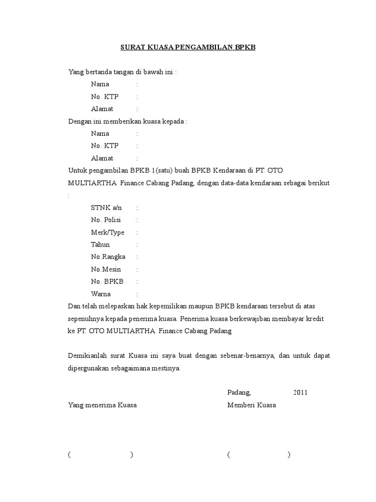Contoh Surat Kuasa Pengambilan Bpkb