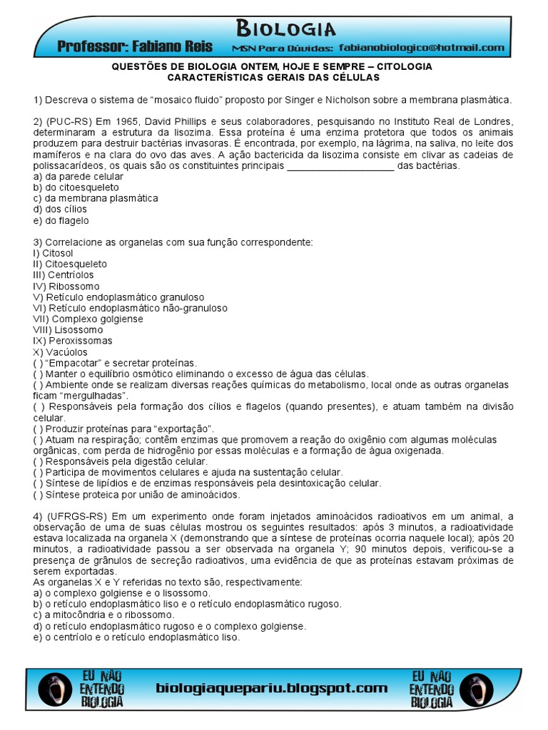 50 Questões de Citologia com Gabarito | PDF | Citoplasma | Célula ...