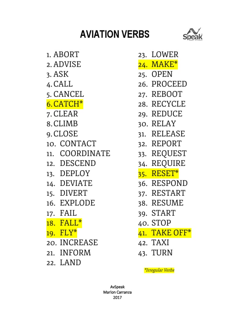 Aviation Verbs List | PDF