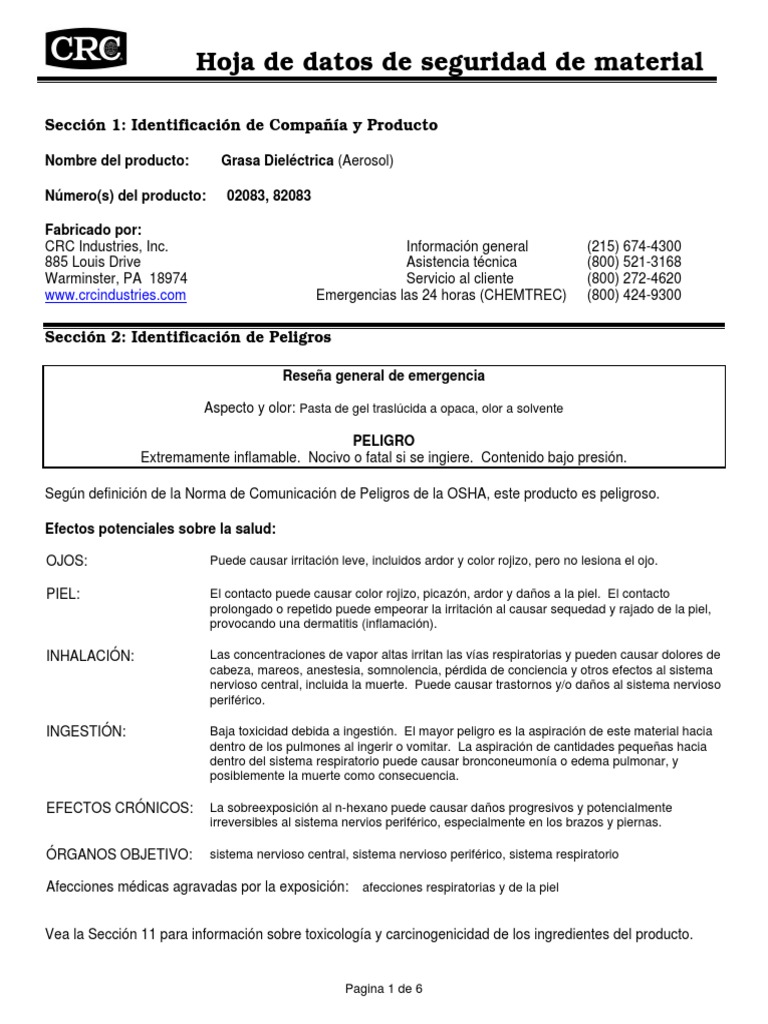 MSDS Dielectric GreaseGrasa Dielectrica PDF Aerosol Agua